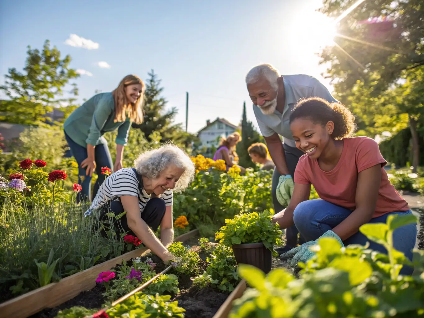 A photograph showing a group of young and elderly individuals participating in a gardening activity together in a community garden.