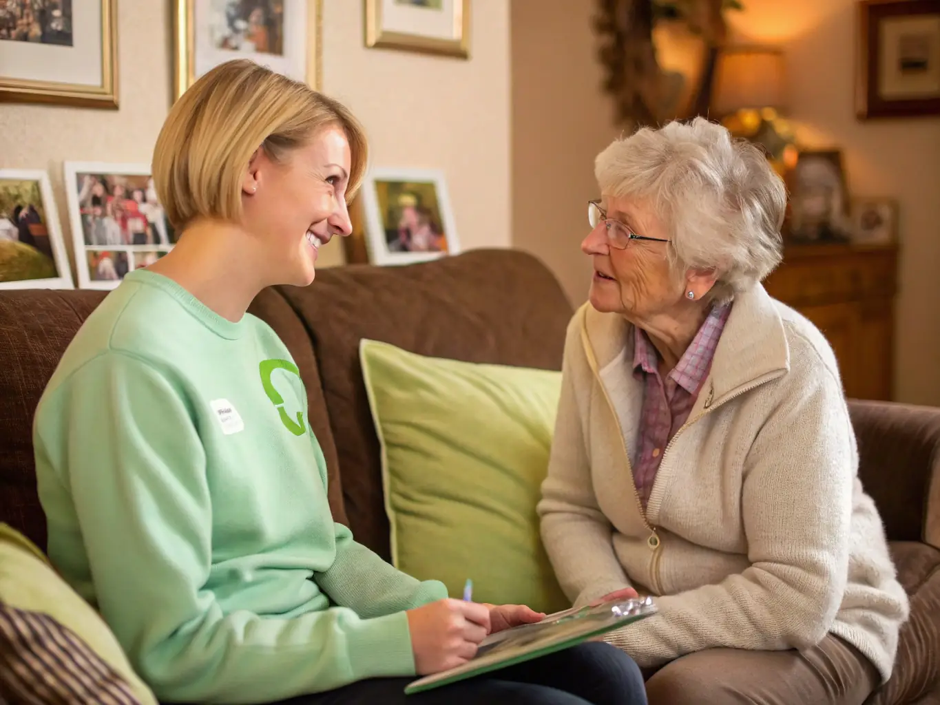 A photograph depicting a young volunteer reading to an elderly woman in a cozy living room setting, emphasizing the warmth and connection between them.