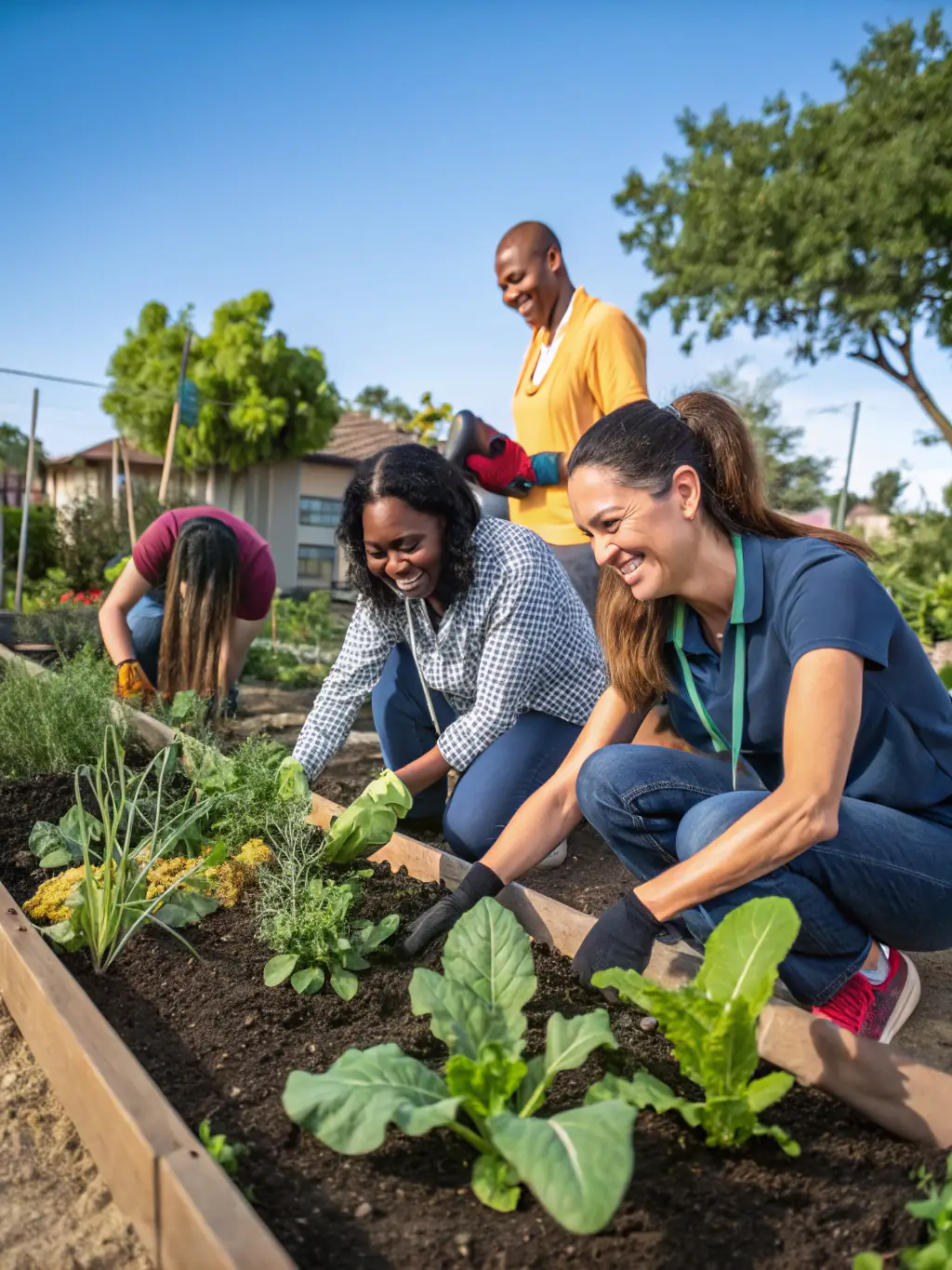 A group of young people helping seniors with gardening in a community garden, showcasing intergenerational collaboration.