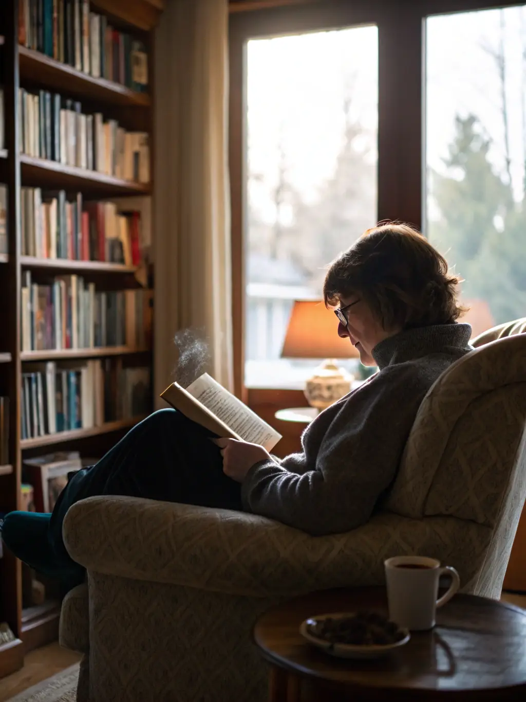 A photo of a young volunteer reading to an elderly person in a cozy living room, emphasizing the personal connection.