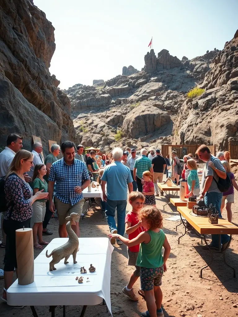 A community event featuring local artists displaying artwork inspired by the basalt quarry, with families enjoying the exhibition.