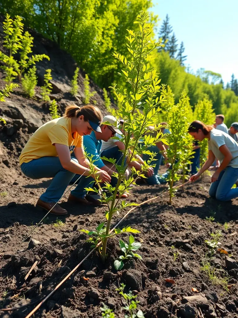 A vibrant photo of volunteers planting native trees around the basalt quarry, showcasing ASCCC's reforestation efforts.