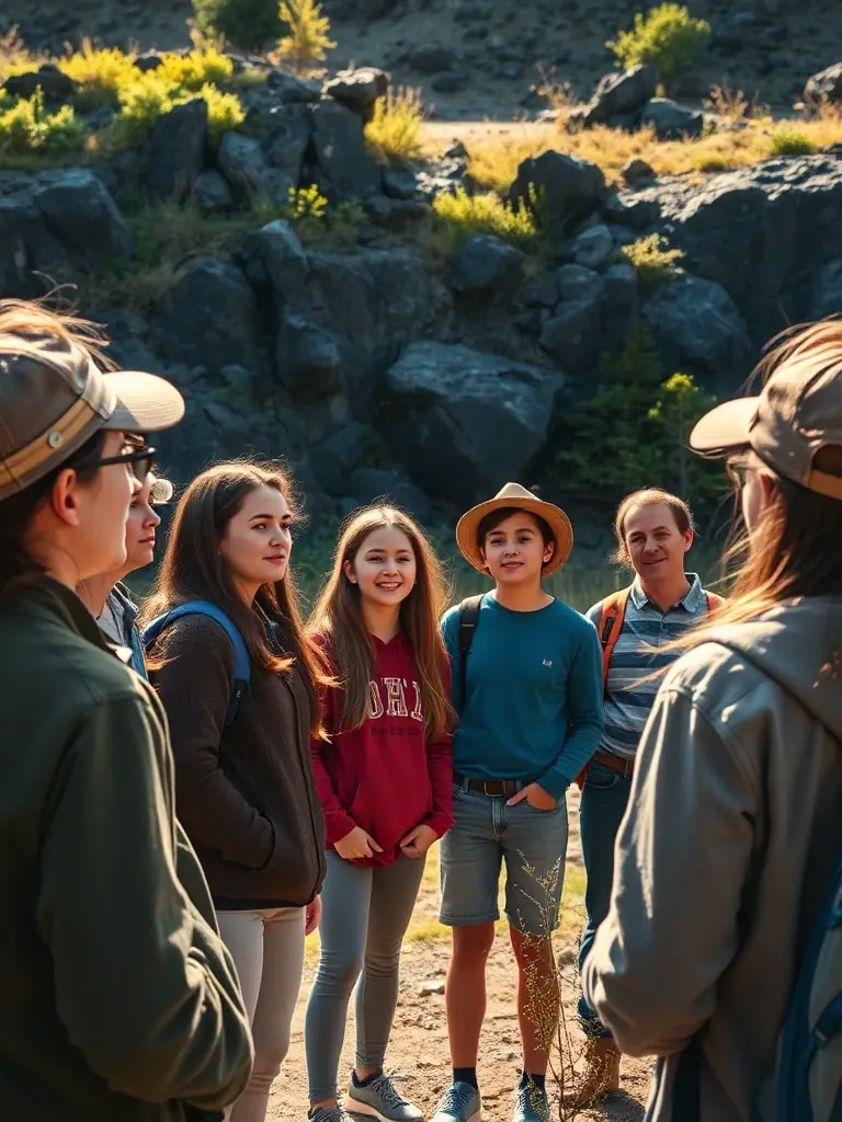 A group of students on a guided tour of the basalt quarry, led by an ASCCC educator, emphasizing the geological and historical significance of the site.