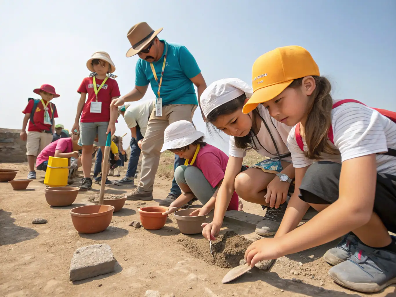 A group of students participating in a guided tour of the archaeological site, learning about the history and geology of the region.