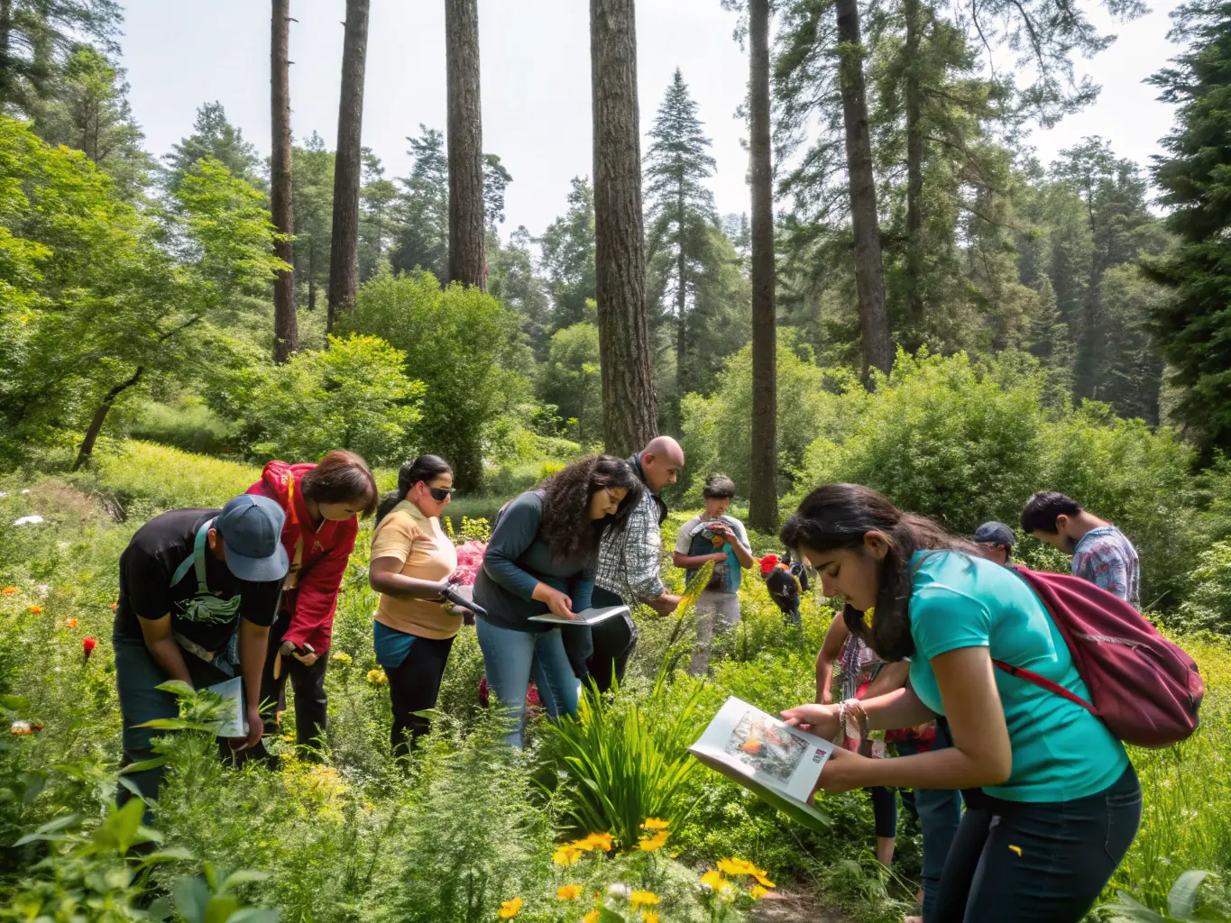 A group of children and adults participating in an outdoor educational workshop near the quarry, with informational signs and natural scenery.