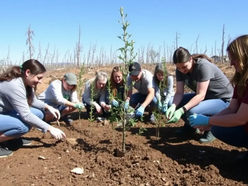 A scenic view of volunteers planting native trees around the basalt quarry, illustrating ASCCC's reforestation efforts.