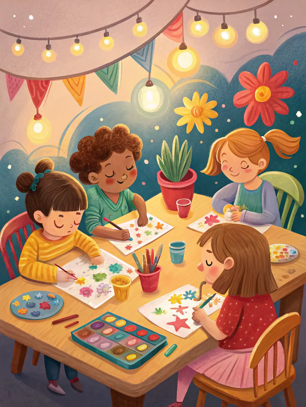 A colorful and engaging image of an educational program, featuring children and educators working together on an art project, emphasizing hands-on learning and creative exploration.