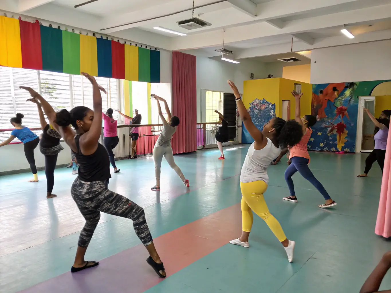 A dynamic image of young dancers in motion during a workshop, highlighting their energy and enthusiasm, with a focus on the instructor guiding them through a series of dance steps.