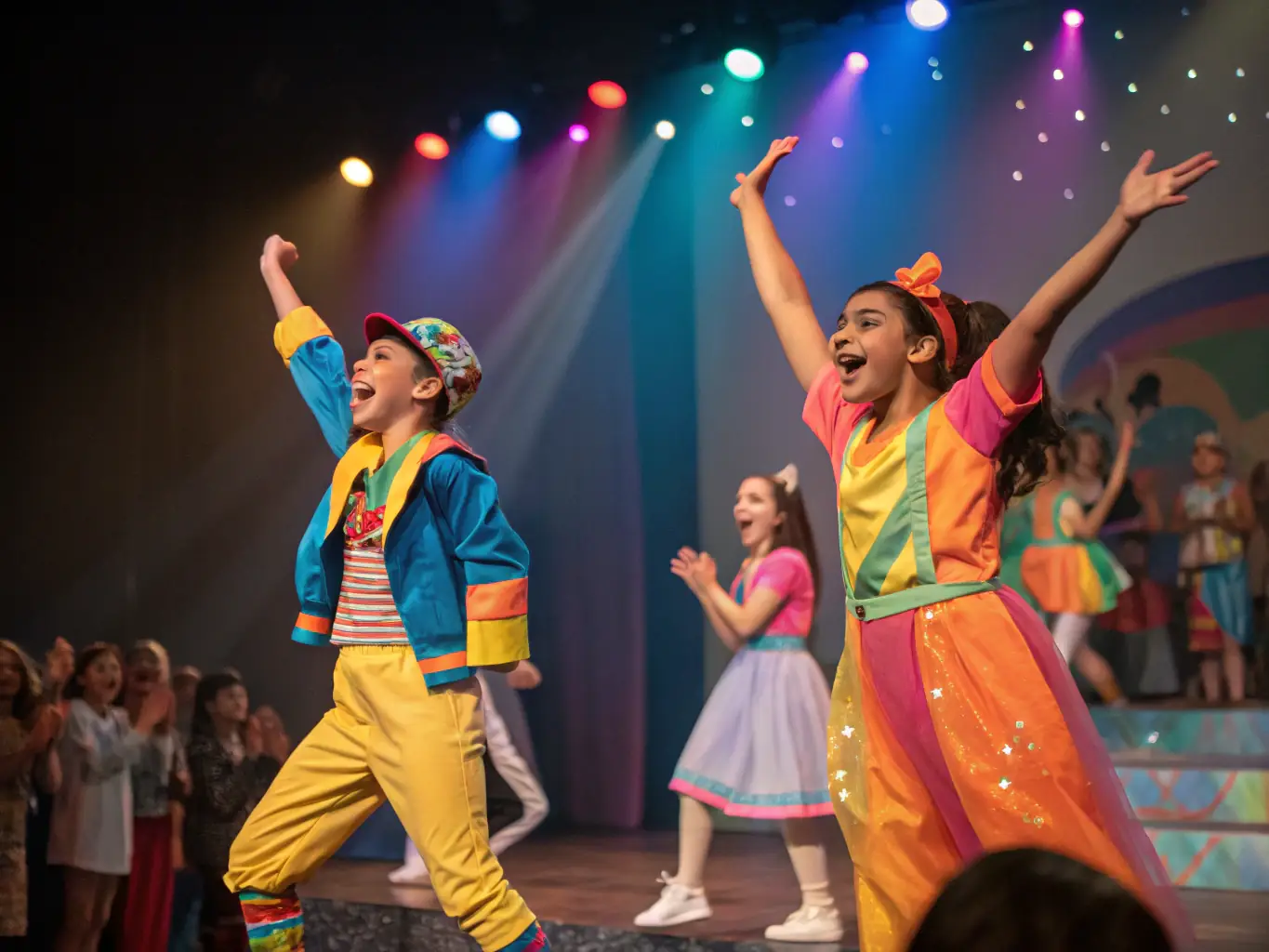 A vibrant photograph capturing a scene from a community theater performance, showcasing actors of various ages and backgrounds engaged in a dramatic scene, with expressive lighting and costumes.