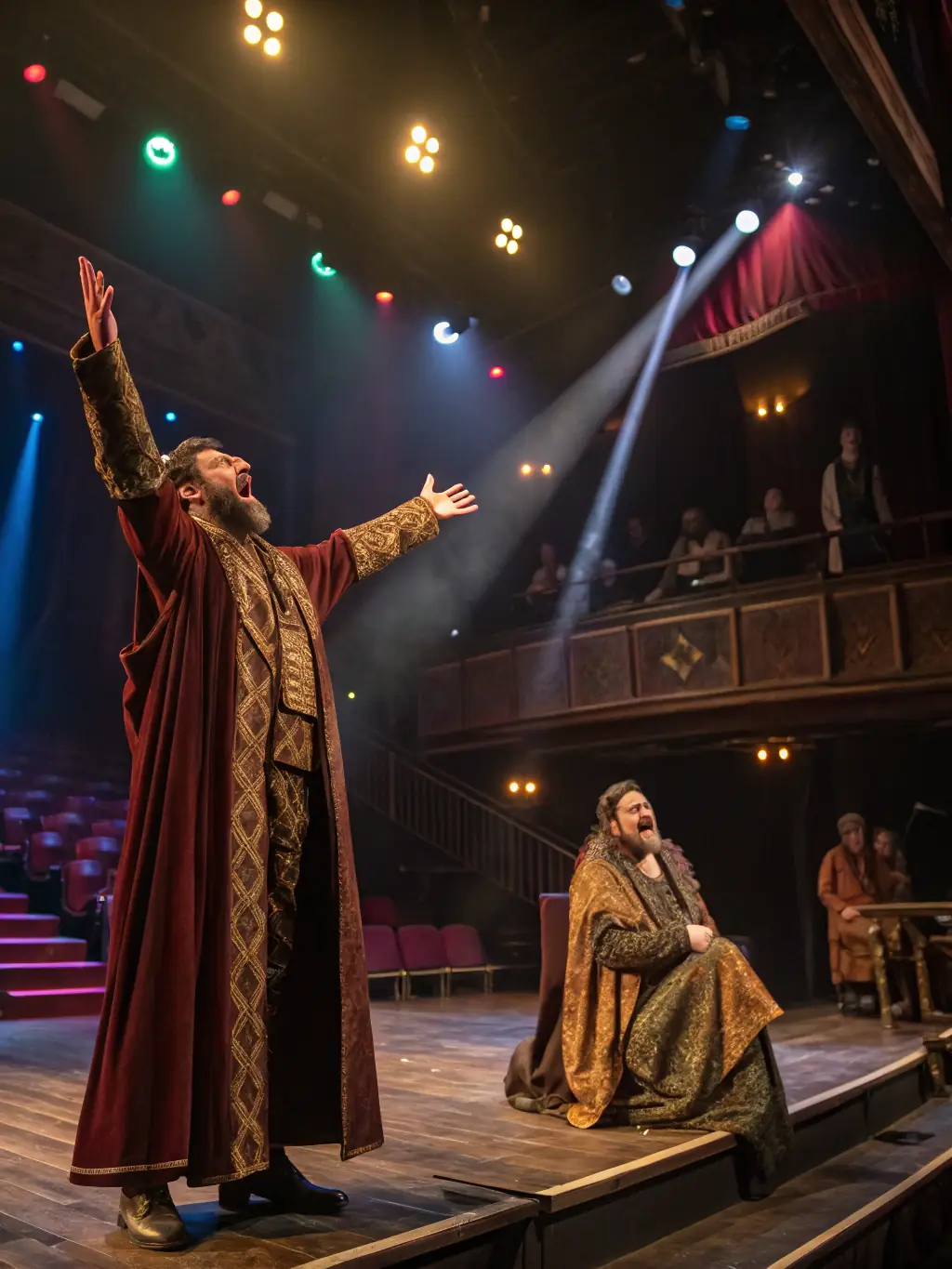 A dynamic image capturing a moment from a recent theatre performance by LA COMPAGNIE LA MAIN A LA PATE, showcasing actors in costume on stage with dramatic lighting.